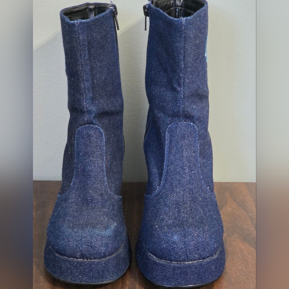 🪩 VTG Denim Floral Le Chateau Platform Boots 70s Disco Y2K Mismatched Sz 8/7 - Picture 10 of 16
